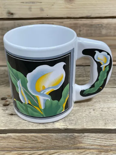 Calla Lily Mug 4” White Black Floral Heavy Wide Handle 1980s Painting Art Cup