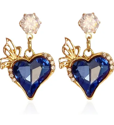 Statement Blue Rhinestone Heart Crystal Dangle Drop Earrings