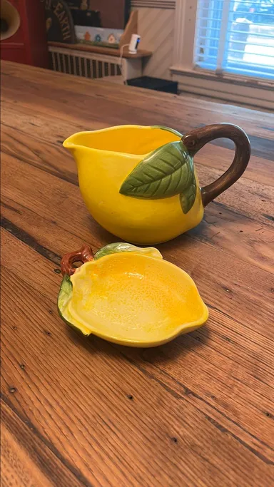Vintage ceramic lemon shaped pitcher & matching spoon rest