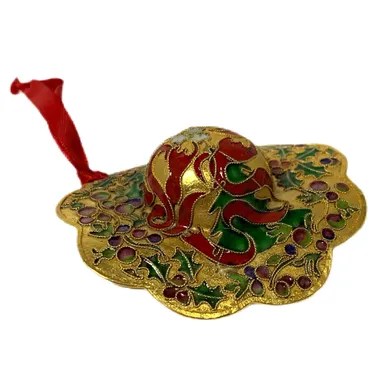 Enamel Cloisonne Christmas Hat Ornament Wide Brim NYCO Cottage Core Vintage