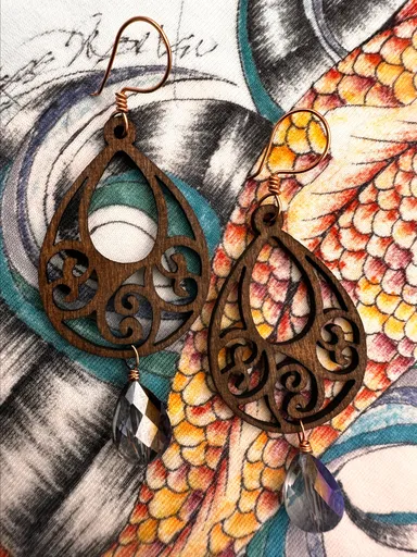 Wood earrings with handmade wire wrapped fish hooks