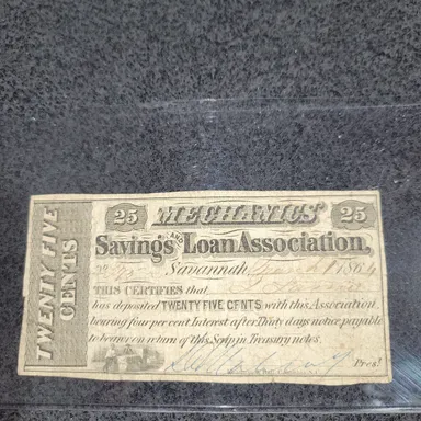1864 Mechanics Savings & Loans Association 25 Cent Obsolete Currency. C