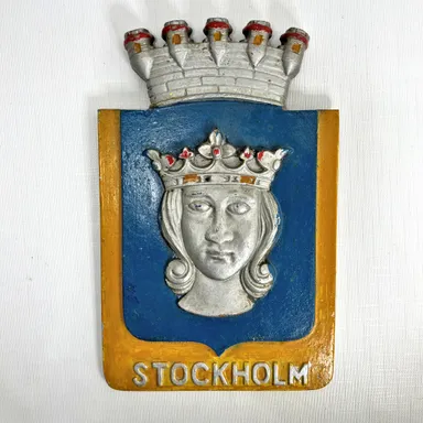 Stockholm Coat Arms Wall Plaque Cast Metal Swedish Crest Vintage Scandinavia