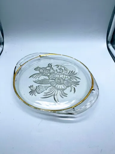 Vintage Jeanette Clear Glass Floral Snack Tray w/Gold Trim