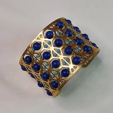 Stella & Dot Gold Tone Wide Cuff Bracelet w/ Blue Abacus Beads