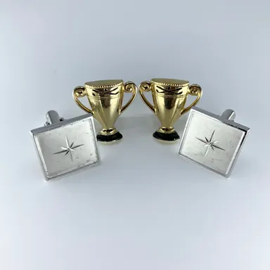 Vintage 2 Pairs of Anson Silver & Gold Tone Cufflinks Golf Trophy Atomic Star