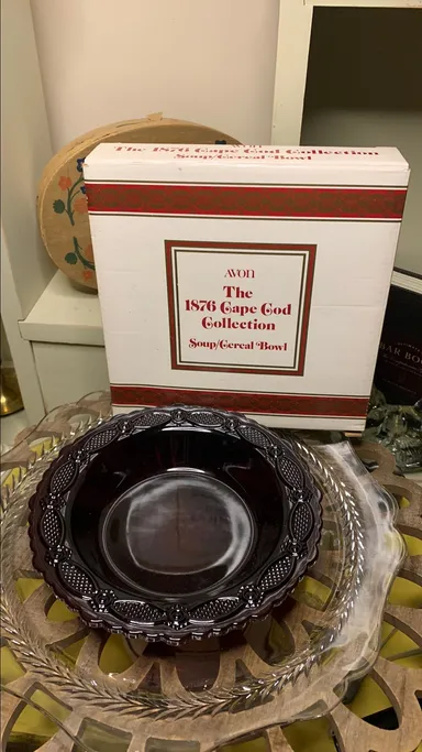 34. Avon Cape Cod Ruby Red Glass 1876 Soup & Cereal Bowl with original box