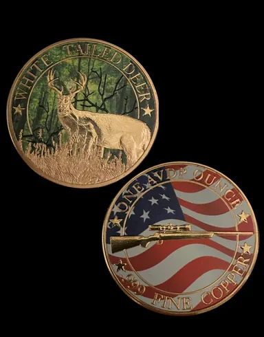 1 oz colored deer and rifle with Colorized 1 oz copper 2024 Libertab
