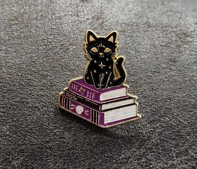Black Cat On Books Fantasy Enamel Pin