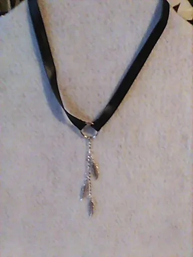 Necklace Choker Black PVC Silver-tone Feathers Western Handcrafted New