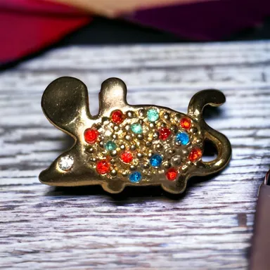 Vintage Cute Little Mouse Brooch with colorful rhinestones 1.5” L x .50” H