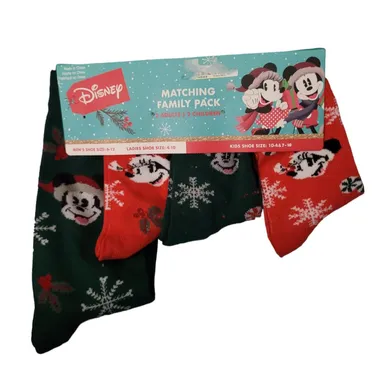4 Pack Disney Mickey & Minnie Matching Family Pack Christmas Crew Socks Fits Assorted Sizes NEW