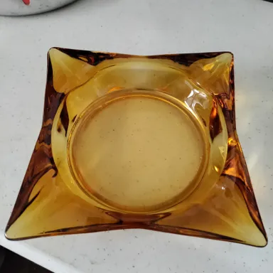 Vintage Amber Square Glass Ashtray 5.5" 4 Slot Mid-Century Modern Trinket Dish