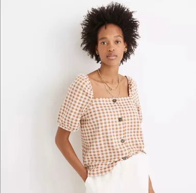 Madewell Gingham Jacquard Square-Neck Puff Sleeve Top Size Small