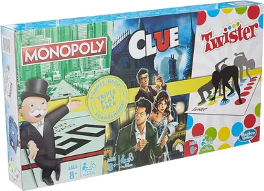 Hasbro Triple Play Pack: Monopoly, Clue, Twister - 3 Board Games