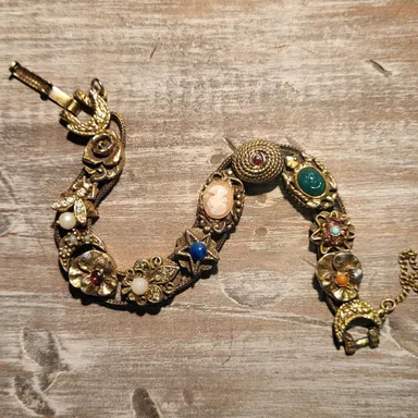 Vintage Victorian Sliding Charm Bracelet Goldette Gold Gemstone Jewelry 7" *