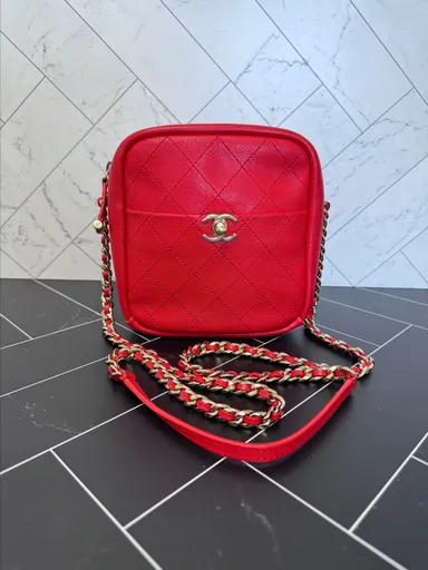 Chanel Red Quilted Lambskin North South Casual Trip Camera Case