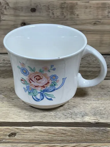 Tabletops Unlimited Floral Mug 3” White Rose Bow Bouquet Coffee Tea Cup Vintage