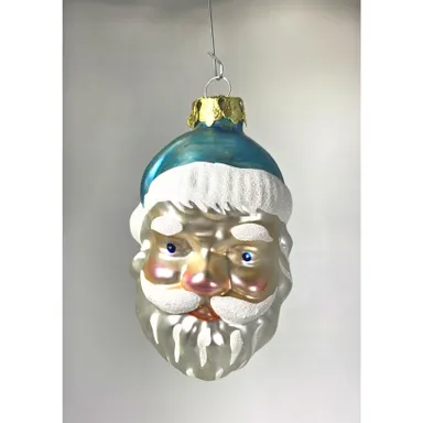 3D Santa Head Ornament Christmas Blown Glass Glitter Holiday Hanging Vintage