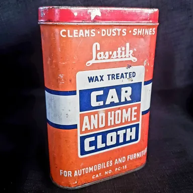Vintage LAS’STIK Car Cleaning Cloth In Original Tin Can Container Great For A Man Cave!