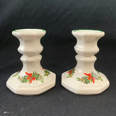 Pfaltzgraff Christmas Heritage Candlestick Holders Pair Holiday Ceramic Vintage