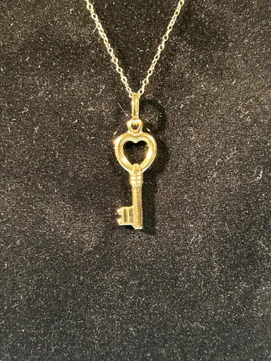 14k gold 16” chain link necklace with 14k gold heart shaped key pendant
