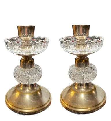 Vintage Hollywood Regency Style Crystal & Brass Candleholders - Set of 2