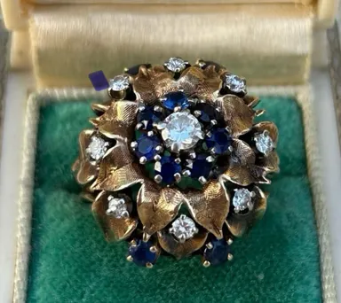 14k Gold RARE Antique Sunflower Petal Diamond & Natural Sapphire Cocktail Ring