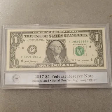 2017 $1 Federal Reserve Note Uncirculated in Hard Plastic Case