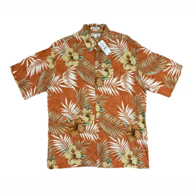 Pierre Cardin Large Hawaiian Shirt Short Sleeve Rayon Palm Fronds Hibiscus NWT