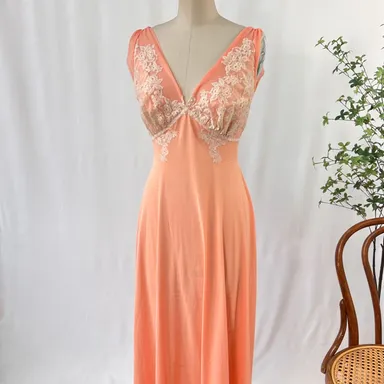 Vintage Salmon Maxi Dress with Floral Lace Applique and Trim