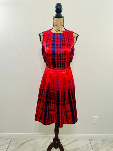 New York & Company Eva Mendes Callista Flare Dress Red Shiny Plaid Sz: 6 Petite
