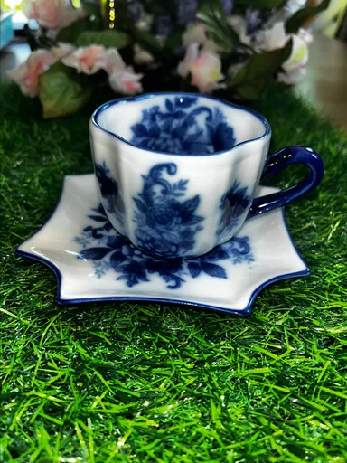Retired/Vintage Cup and Saucer Blue and White 3”Wide x 2.5 L in plate 4.5”x4.5”