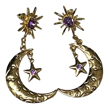 Star Moon Purple Rhinestone Gold Tone Earrings