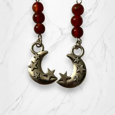 Hand Crafted Earrings Red Agate Moon & Star Dangle Pierced Silver Statement