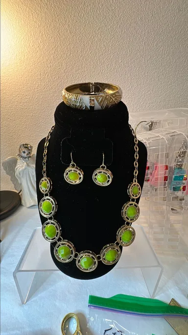 Gold Tone, Green center,  Necklace Earrings & Bracelet