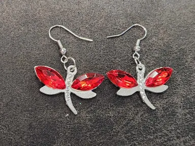 Red Rhinestone Dragonfly Earrings  