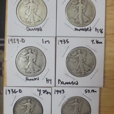 90% Coins - Walking Liberty Half Dollar Lot of 6 (Damaged)