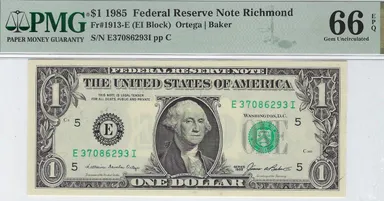 United States 1 Dollar 1985 P-474 E Richmond GEM UNC PMG 66 EPQ Fancy SN + Gift USBA