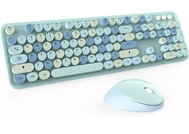 Wireless Keyboard and Mouse Combo, Cute Colorful 104-Key Typewriter Retro Round
