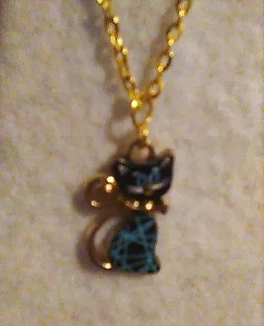 Necklace Black Cat Charm On Gold-tone Chain Handcrafted One Of A Kind New