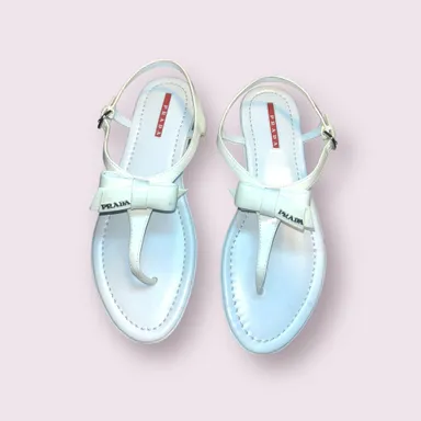 Prada White Patent Leather Logo Thong Flat Sandals Size 39
