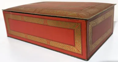 Vintage Johnston's Chocolate Advertising Tin Candy Box Top Hinged Lid Orange Red