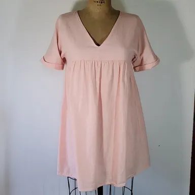 Yibock Size S Dress Babydoll Pink Short Sleeve Cotton Fully Lined Empire Mini