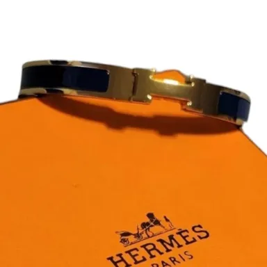 HERMÈS clic clac H Blue and gold classic bangle bracelet w/box