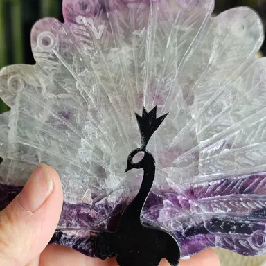 rainbow fluorite Peacock carving with metal stand