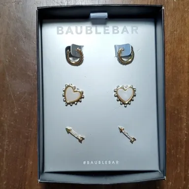 Baublebar 3 Pair Earrings Loops Hearts Arrows Gold Diamonds Crystal Mother Pearl