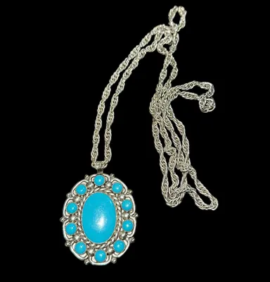 Nickel Silver Bell Faux Turquoise Cabochon pendant on original chain