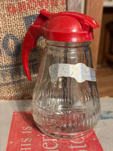 Vintage Glass Syrup Container with Red Lid