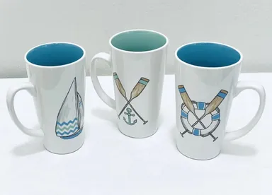 Set of 3 Tara Reed Designs Blue Harbor Collection Tall 6” Nautical Coffee Mugs